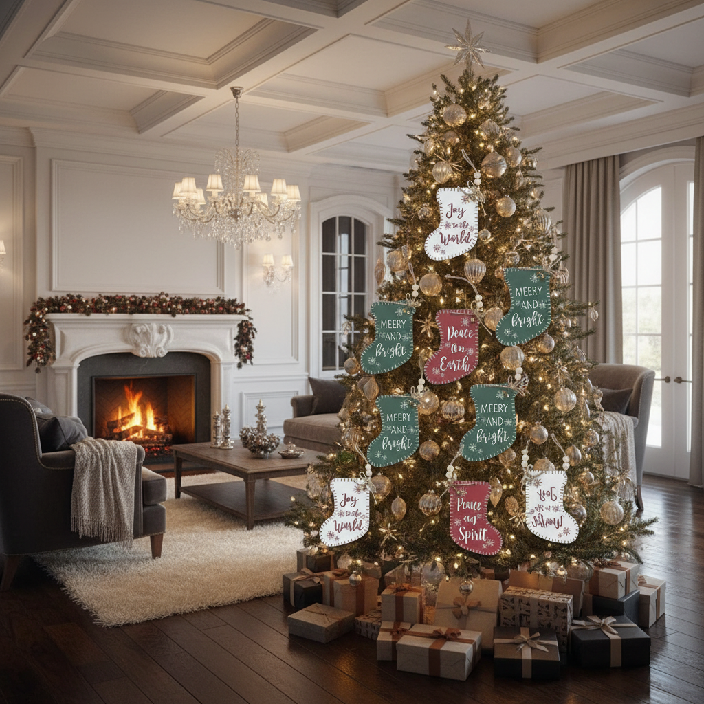 Flat Stocking Shape Christmas Ornament with Text Set of 12 – Holiday Tree Decoration