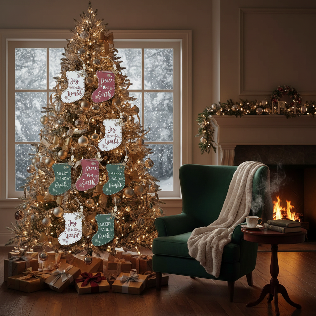 Flat Stocking Shape Christmas Ornament with Text Set of 12 – Holiday Tree Decoration