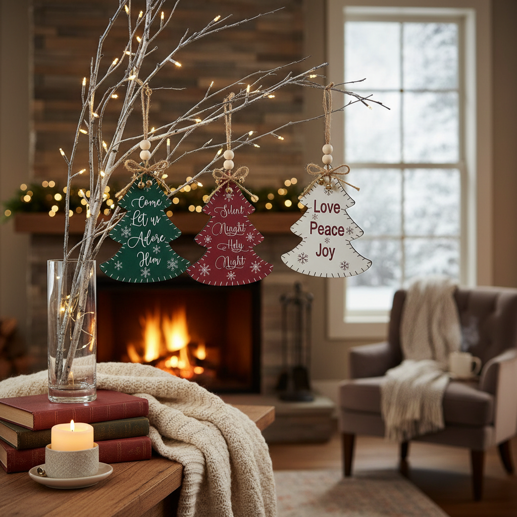 Flat Tree Shape Christmas Ornament with Text Set of 12 – Holiday Tree Decoration