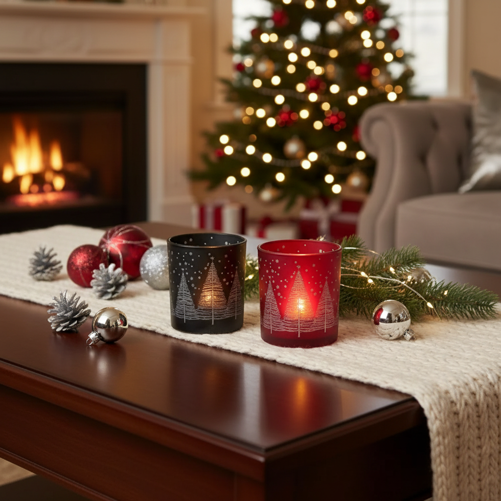 Frosted Glass Tealight Holders Trees Design Holiday Candle Holders - Set of 2