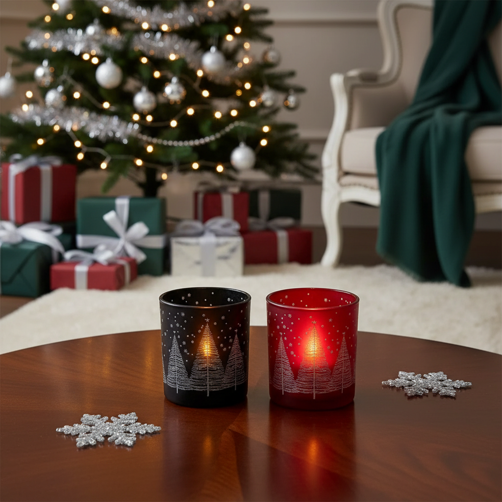Frosted Glass Tealight Holders Trees Design Holiday Candle Holders - Set of 2