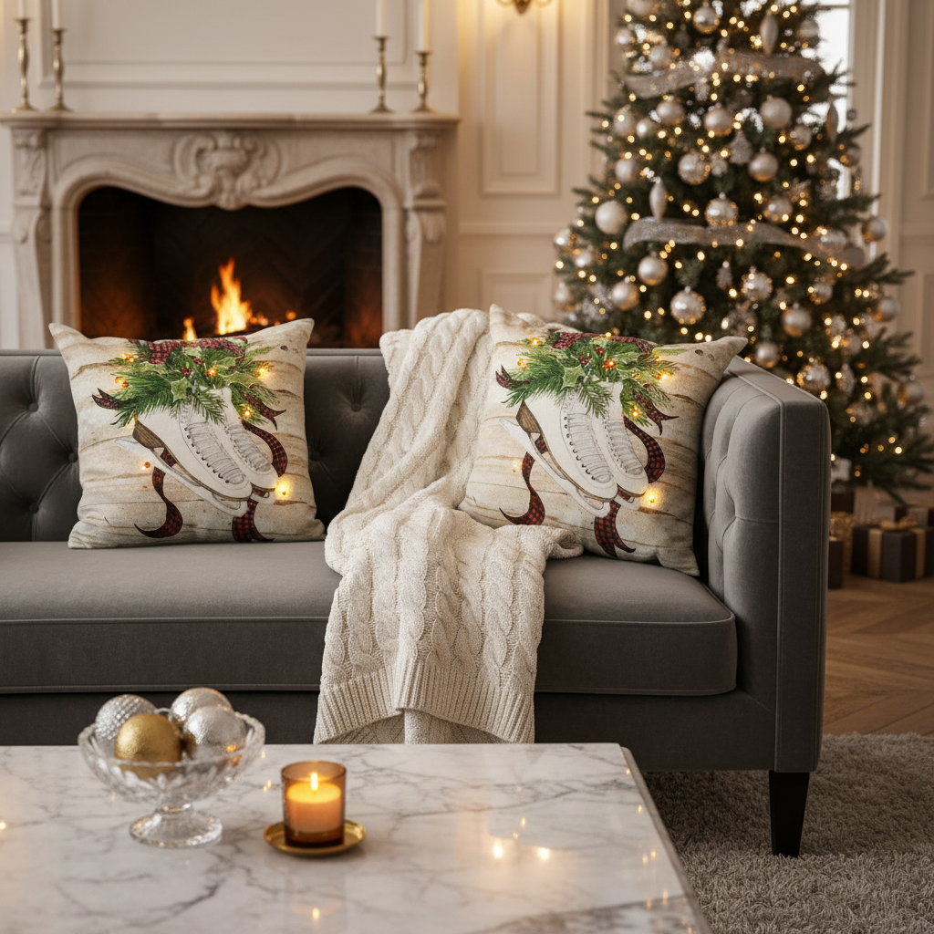 LED Velvet Cushion Pair Of Skates 18 X 18 Christmas Decorative Pillow - Set of 2
