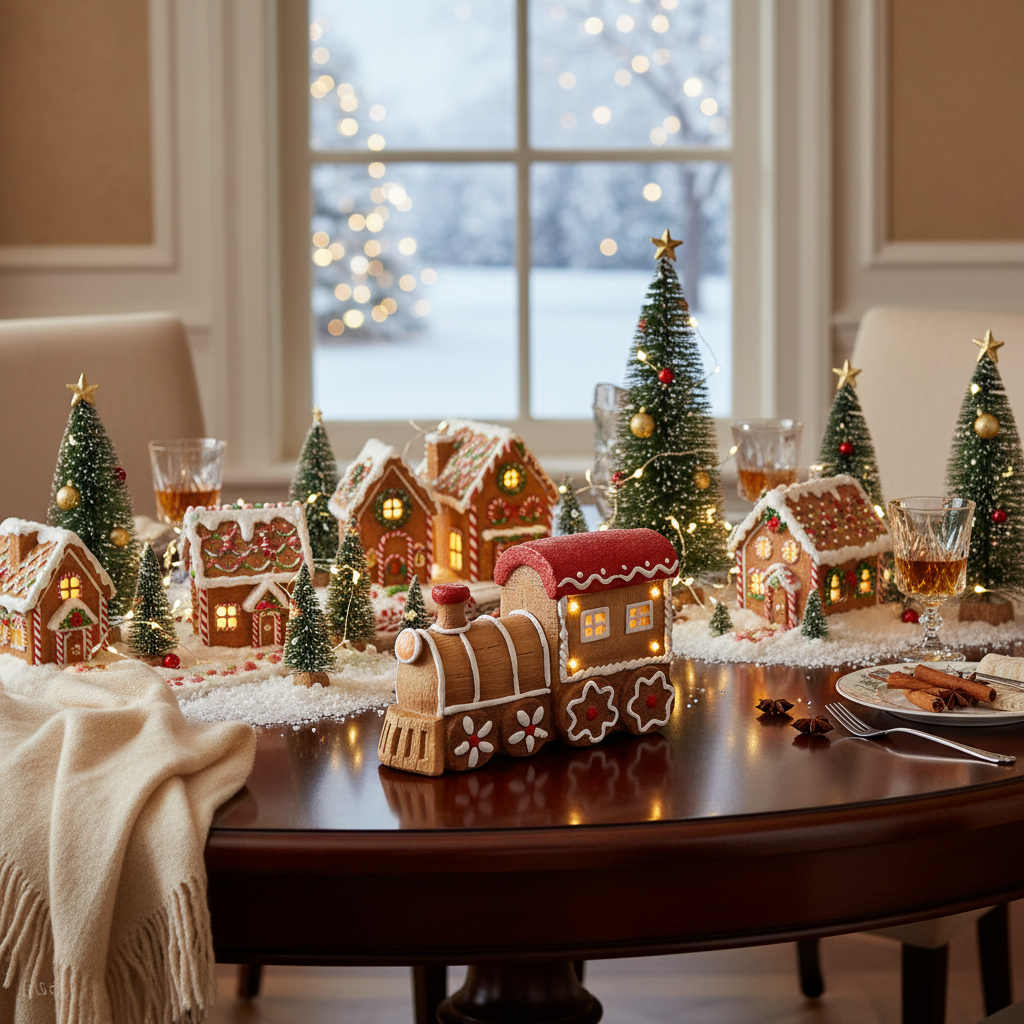 Lighted Gingerbread Train Decor, Christmas Village Train Decoration, Holiday Tabletop Decor
