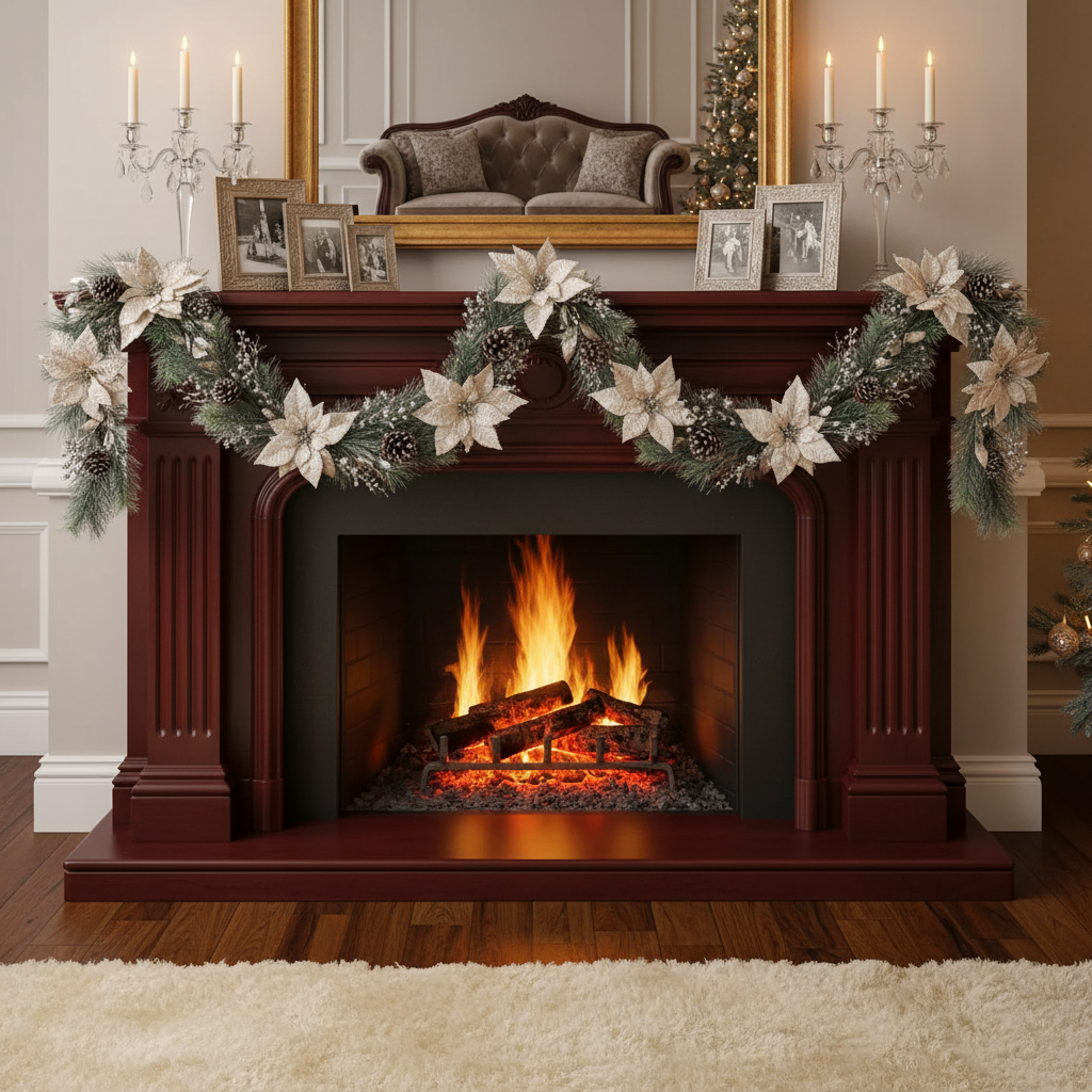 Poinsettia And Pinecone Garland, Christmas Garland, Holiday Mantel Garland Decor