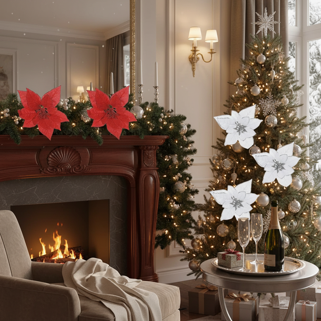 Poinsettia Clip Set of 6, Christmas Tree Flower Ornament, Holiday Floral Clip