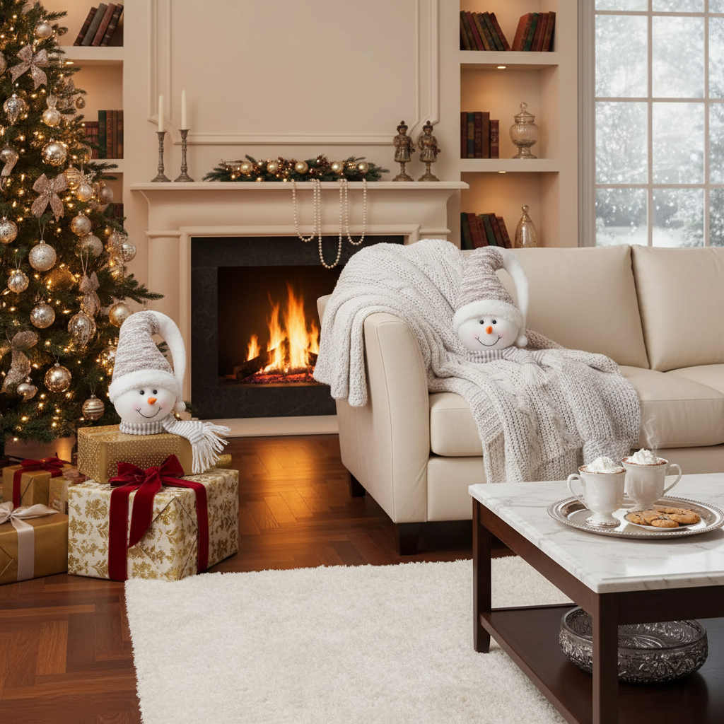 Snowman Plush Head Decoration 12", Christmas Snowman Plush Decor - Set Of 2
