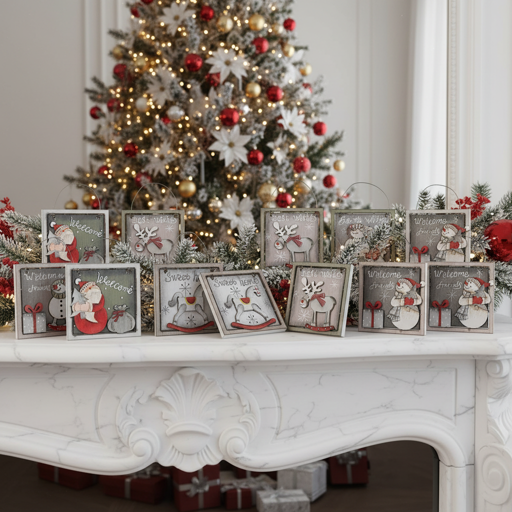 Square Wooden Christmas Ornament Set of 12 – Holiday Tree Decoration