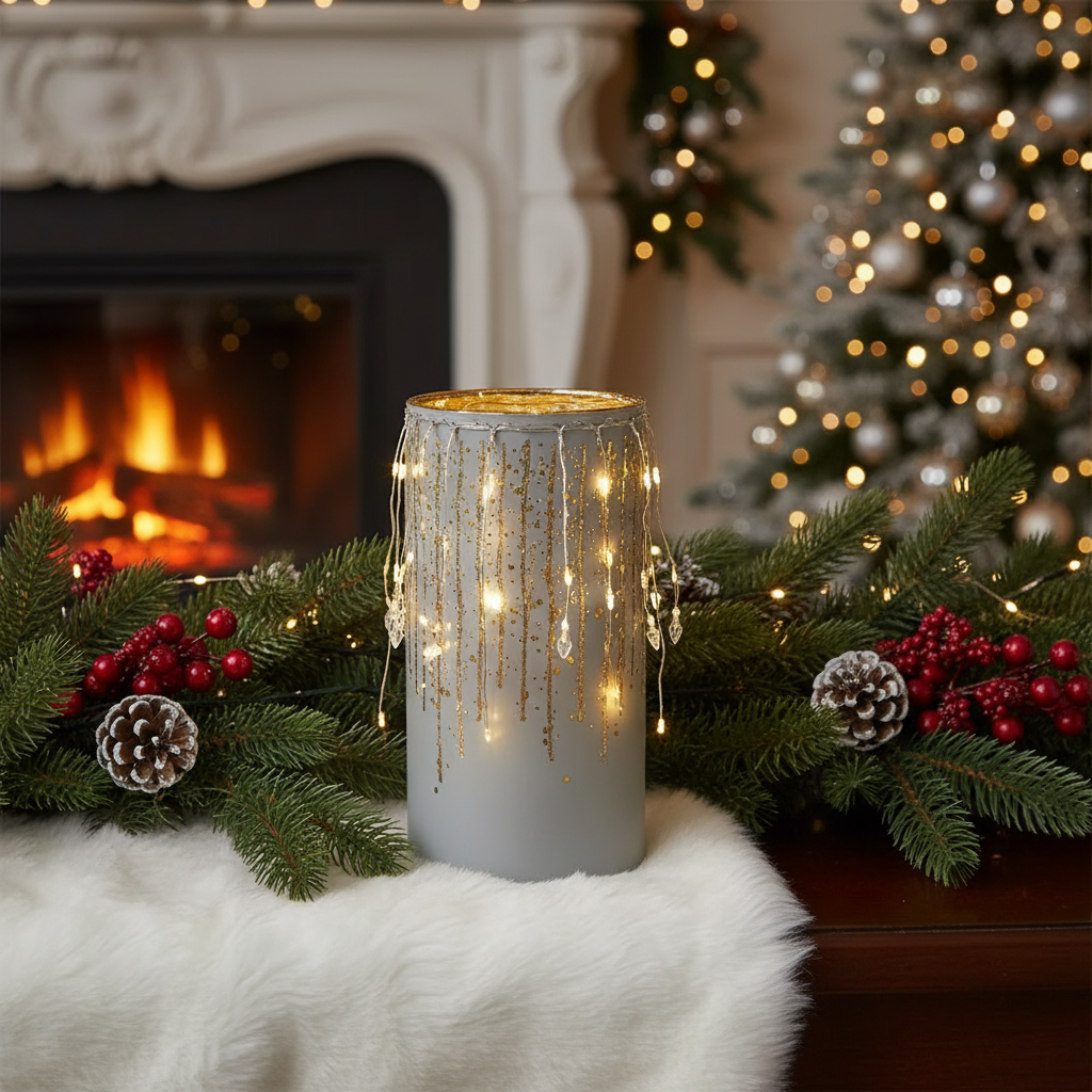 Christmas LED White Glass Stand Dangling Garland 8 Inch, Holiday Home Decor, Festive Accent