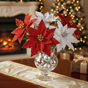 Glitter Edged Poinsettia Stem Set of 6, Christmas Floral Stem, Holiday Flower Decoration
