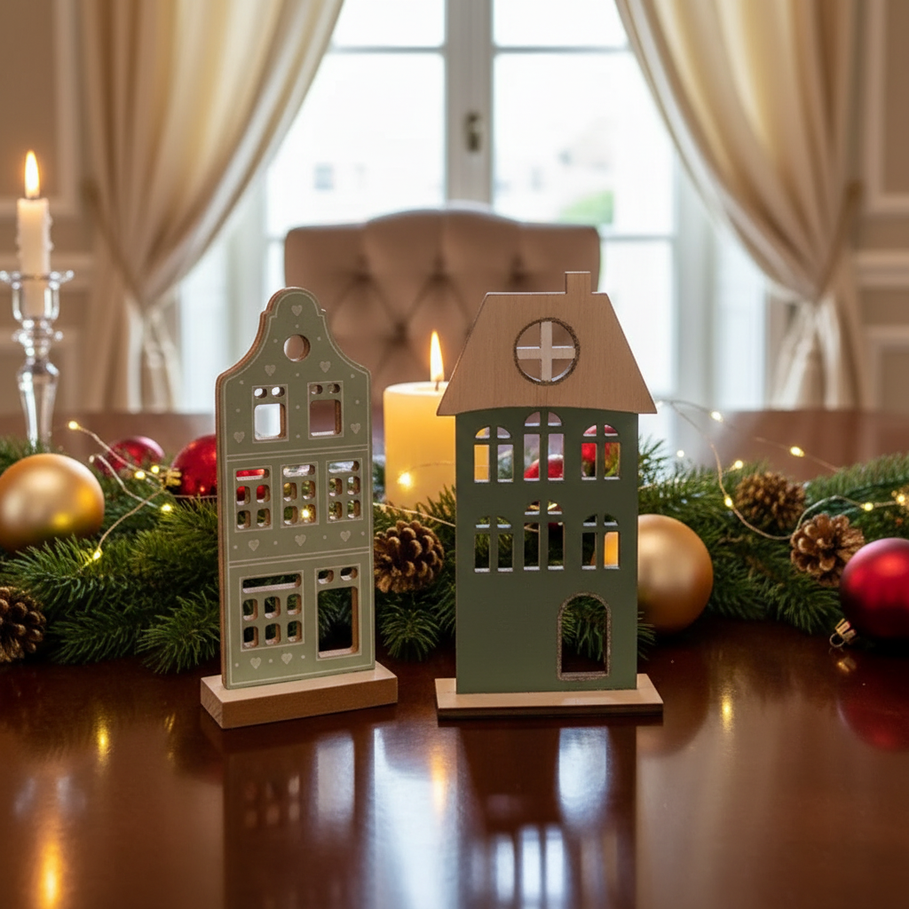 Wooden Christmas House Decor, Christmas Village House Decoration, Holiday Tabletop Decor - Set Of 2