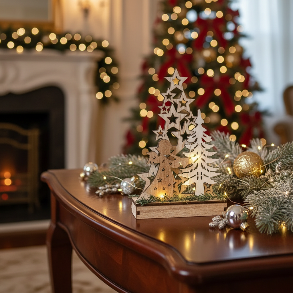 Small LED Wooden Star Tree and Angel Stand – Christmas Holiday Decor