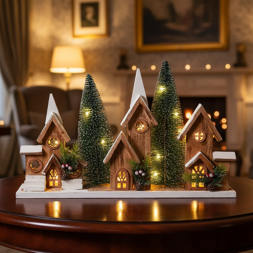12.01" LED Triple Wooden House Brown – Christmas Table Decor