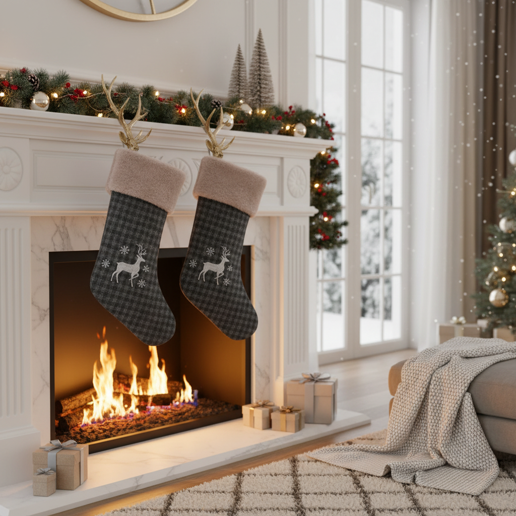 Striped Fabric Christmas Stocking, Holiday Fireplace Stocking, Hanging Christmas Stocking Decor - Set Of 2