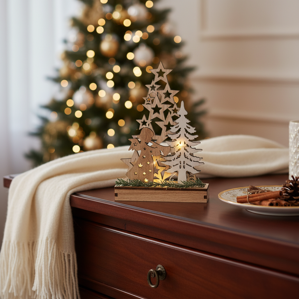 Small LED Wooden Star Tree and Angel Stand – Christmas Holiday Decor