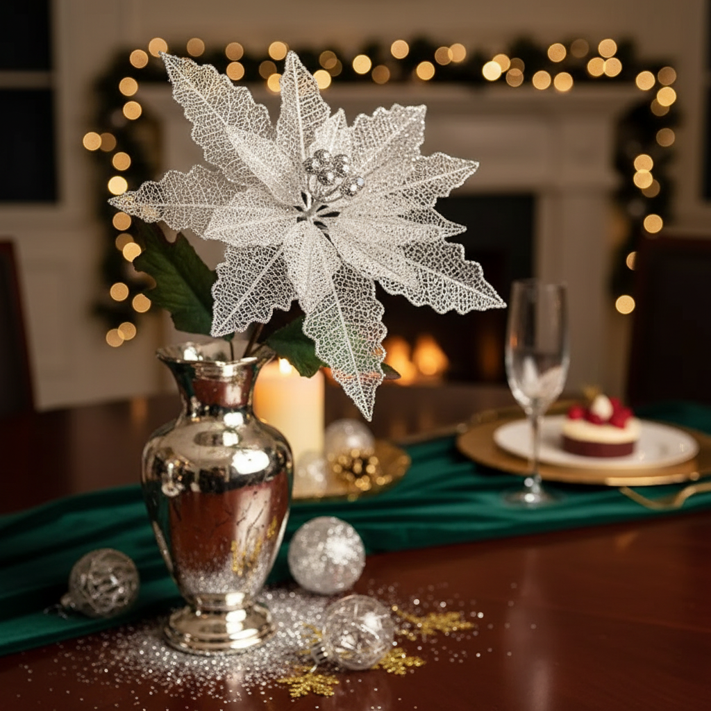 Netted Glitter Edged Poinsettia Stem Set of 6, Christmas Floral Decoration, Holiday Flower Stem