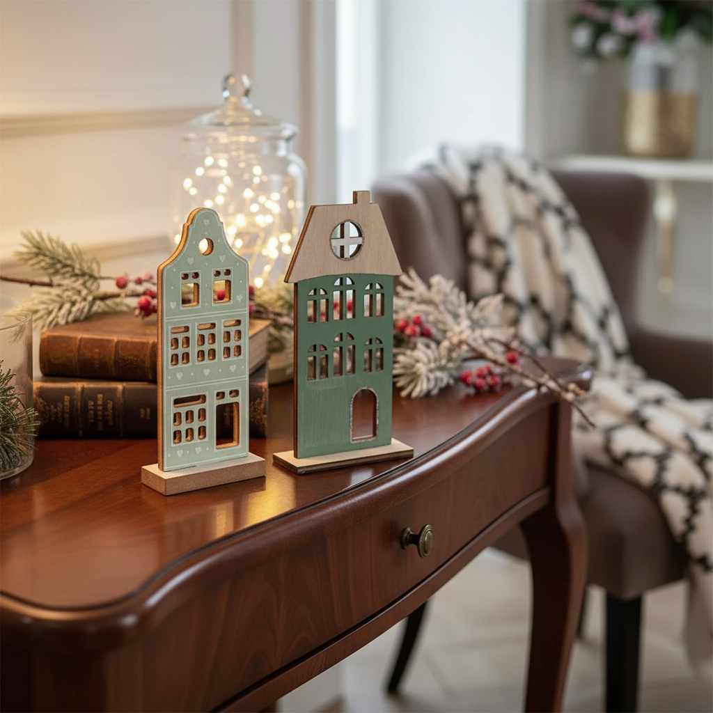 Wooden Christmas House Decor, Christmas Village House Decoration, Holiday Tabletop Decor - Set Of 2