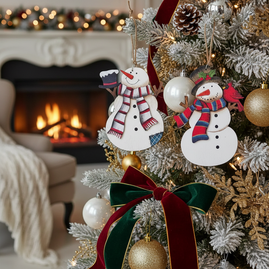 Christmas Wooden Snowman With Scarf Ornament Set Of 2, Holiday Tree Decoration, Rustic Christmas Accent