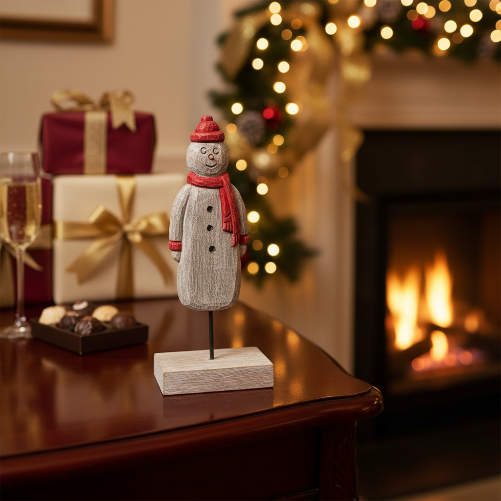Christmas Wooden Snowman Figurine With Scarf And Toque, Holiday Decor, Festive Accent