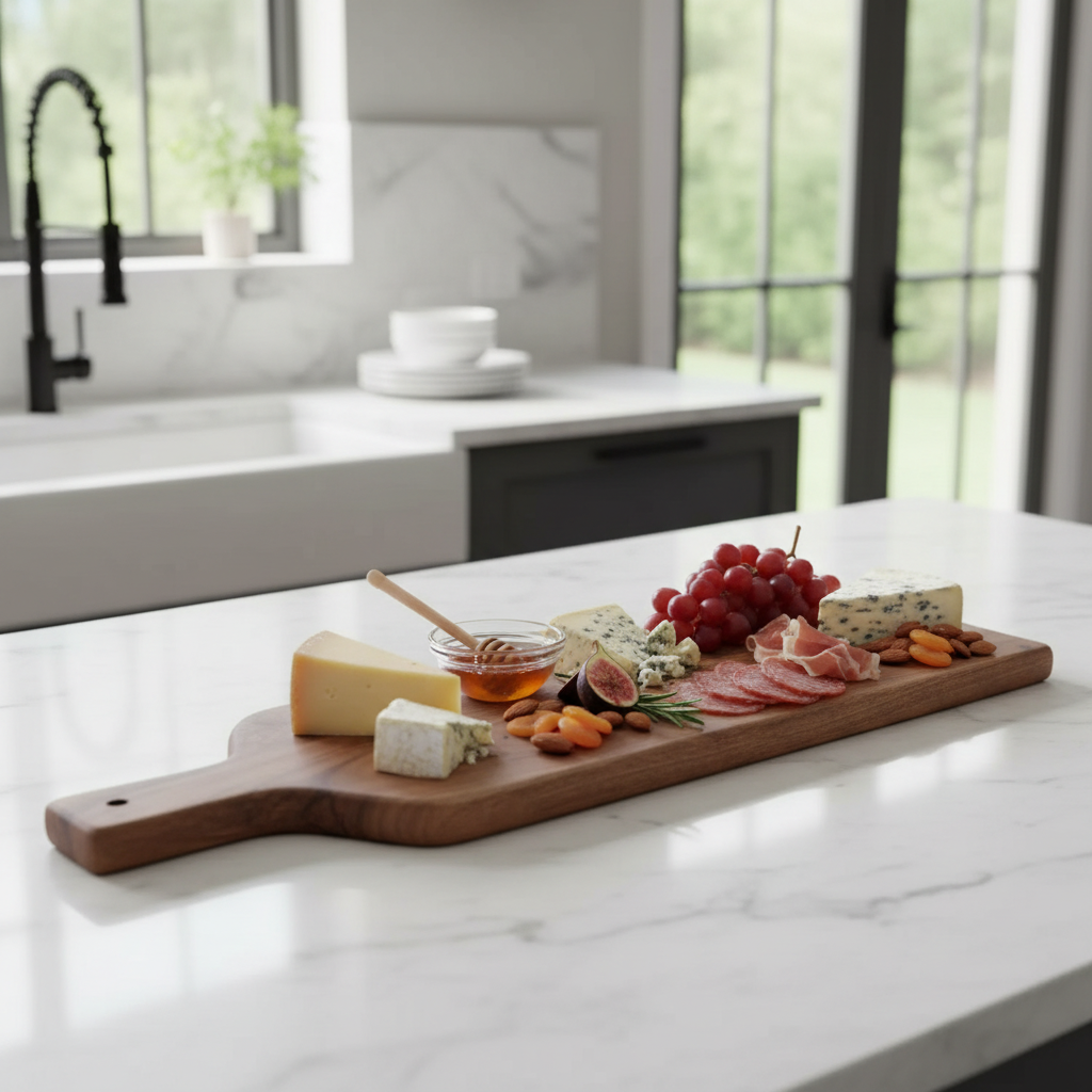 Custom Acacia Wood Beveled Serving Board With Handle, Wooden Serving Board, Charcuterie Board
