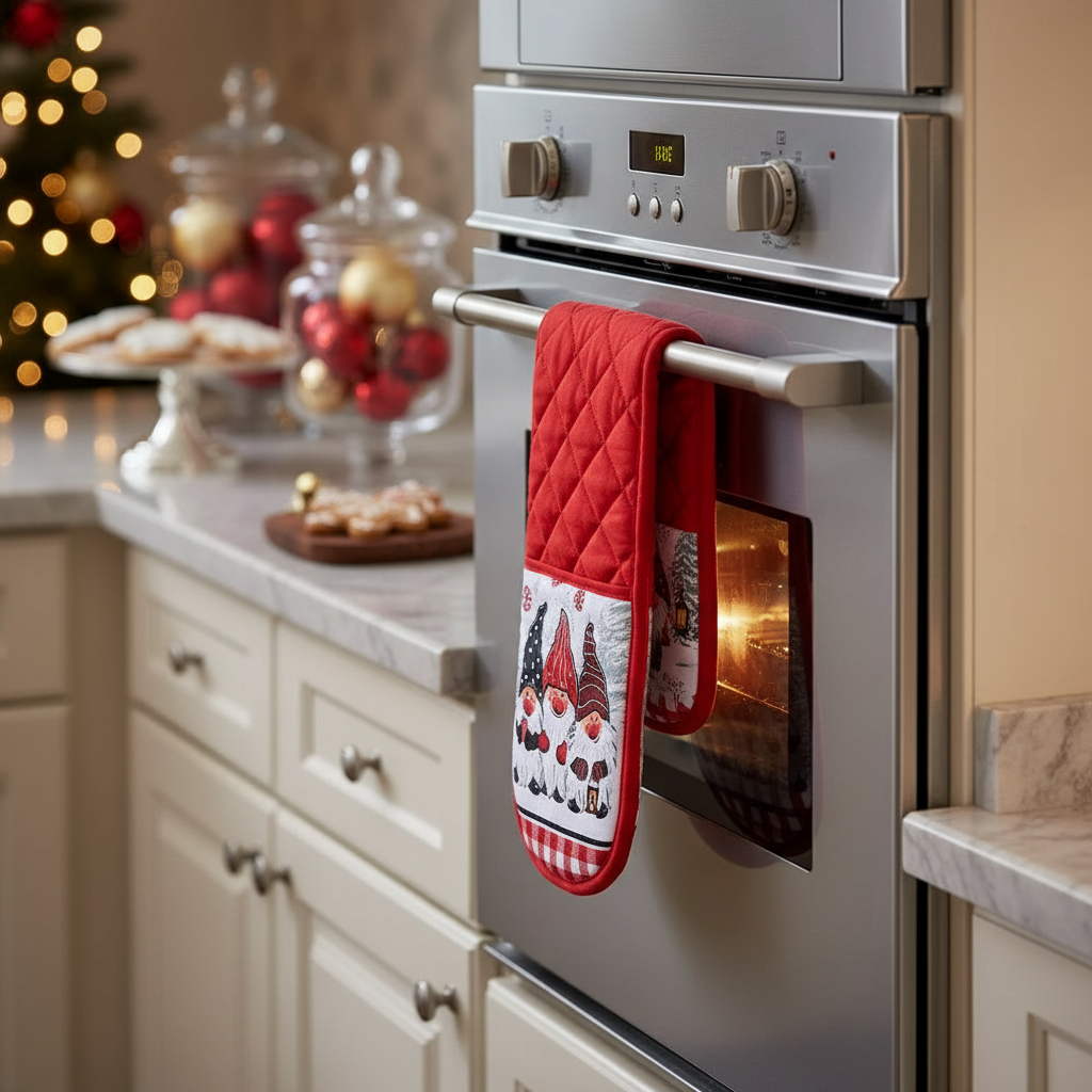 Christmas Double Oven Mitt Triple Gnome Set Of 2, Holiday Kitchen Accessory, Festive Cooking Gloves