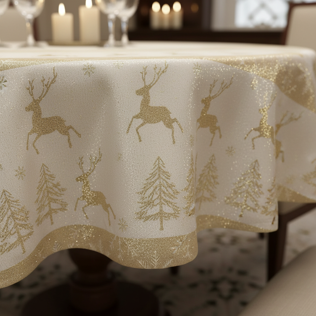 Lurex Round Tablecloth 60 Inch Gold Jumping Reindeers Holiday Table Cover