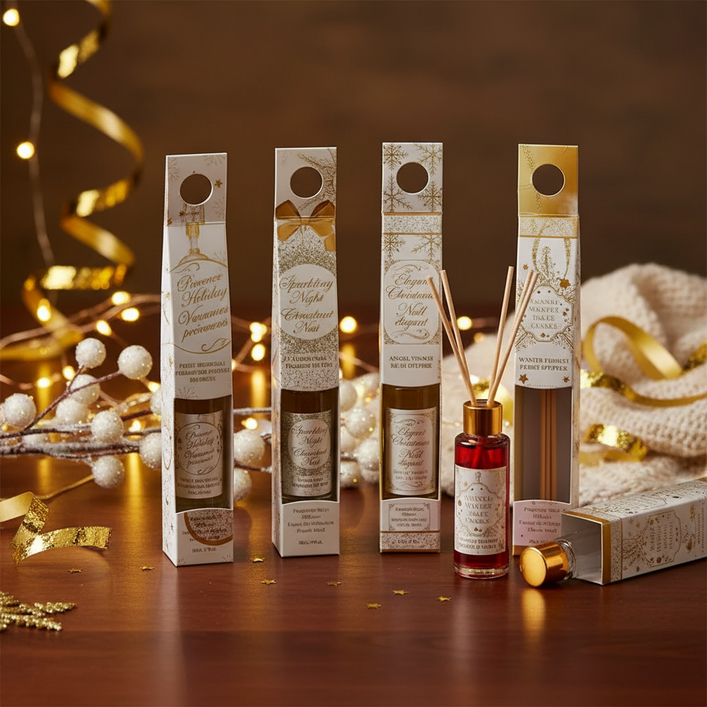 Christmas Gold Reed Diffuser 30 Ml Set Of 4, Holiday Fragrance, Festive Home Decor