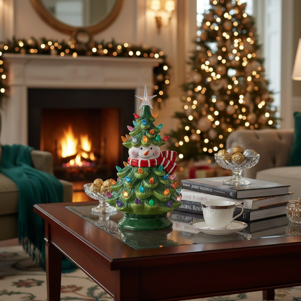 LED Ceramic Tabletop Snowman Christmas Tree – Holiday Table Decor