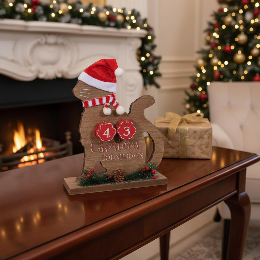 Wooden Cat Christmas Countdown Calendar – Holiday Decoration
