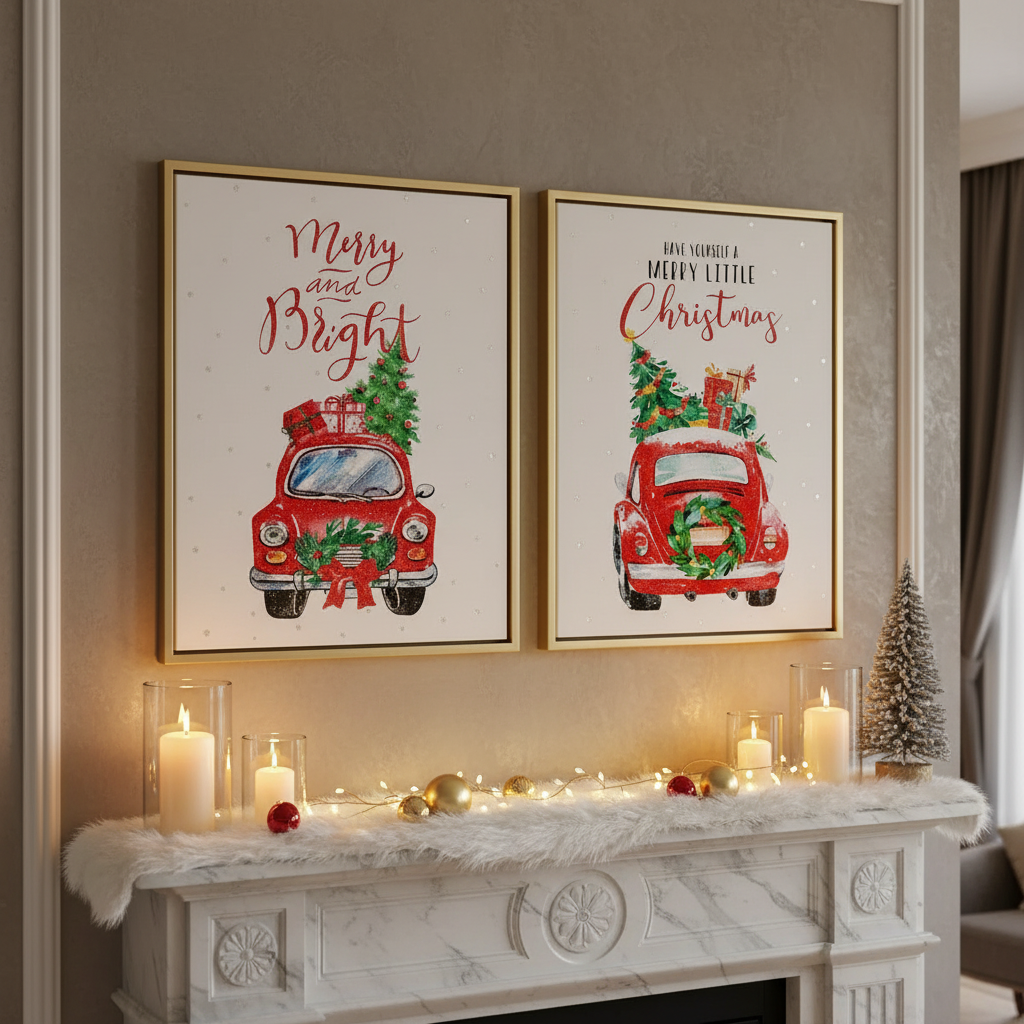Canvas Wall Sign With Glitter Red Car With Gifts Christmas Wall Decor - Set of 2
