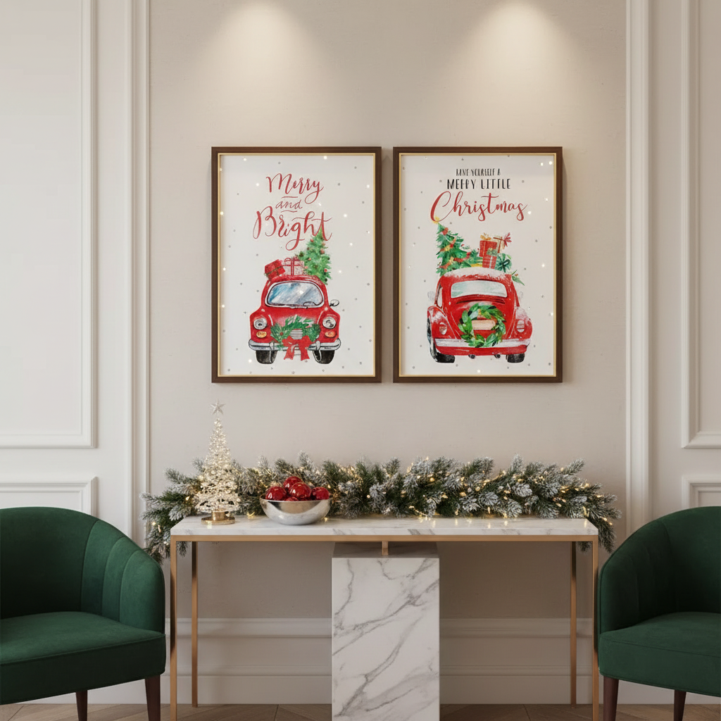 Canvas Wall Sign With Glitter Red Car With Gifts Christmas Wall Decor - Set of 2