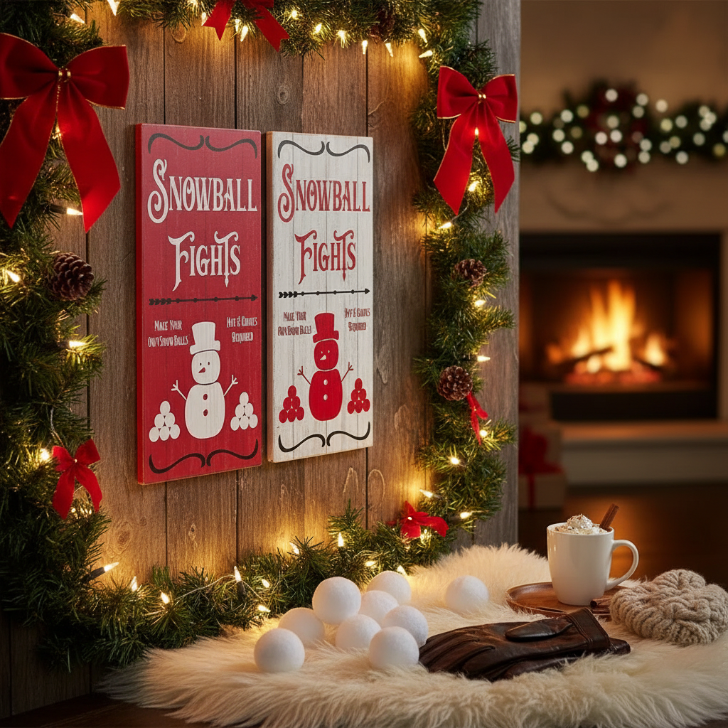 Printed MDF Snowball Fights Sign Christmas Holiday Wall Decor - Set of 2
