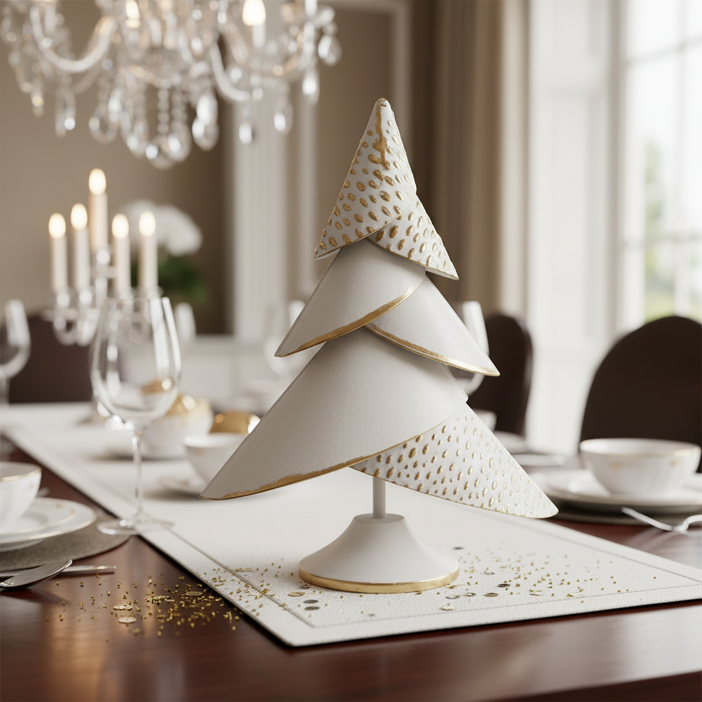 6-Layer Gold & White Metal Christmas Tree – Holiday Table Decor