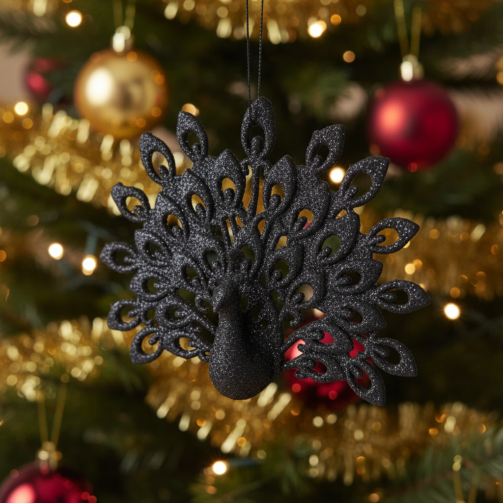 Christmas Black Glitter Peacock Ornament Set Of 12, Holiday Tree Decor, Festive Home Accent