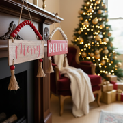 Christmas Beaded Hanger With Tassels Believe Merry Set Of 2, Holiday Wall Decor, Festive Accent