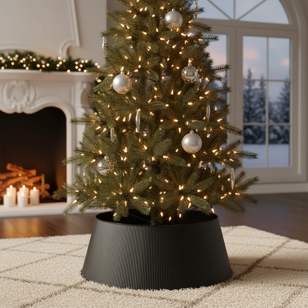 Black Metal Christmas Tree Collar with Stripe – Tree Base Cover, Holiday Decor