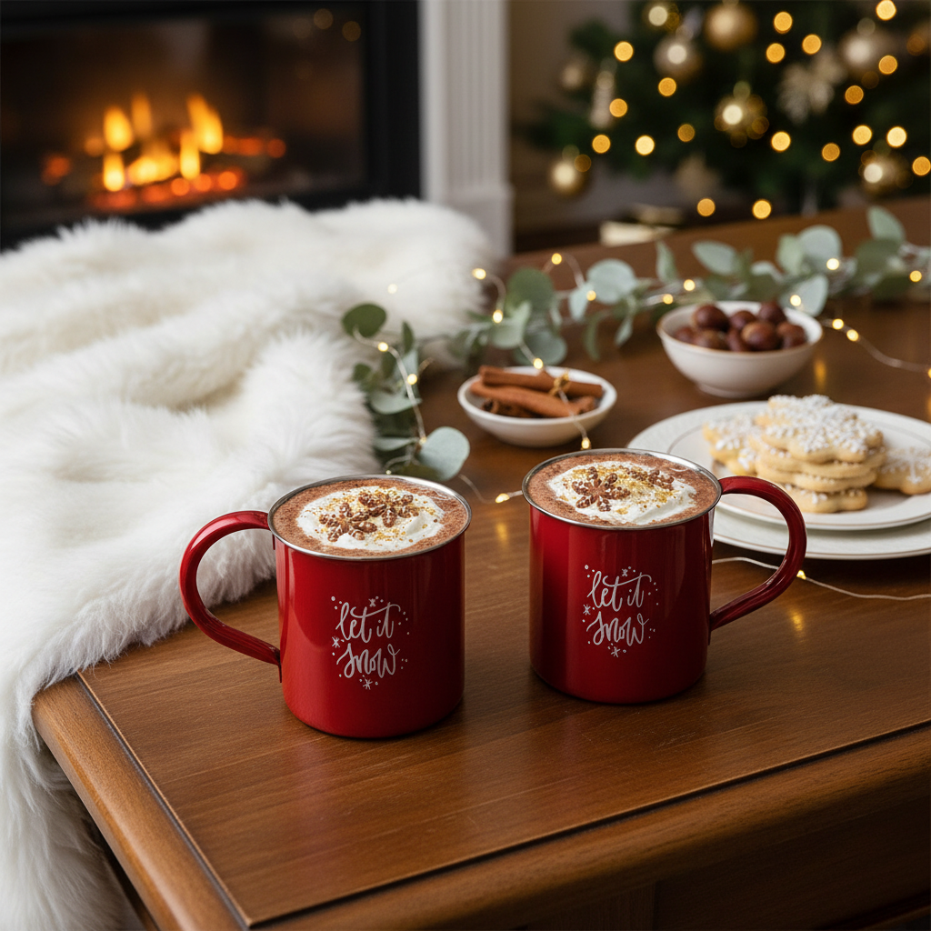 Christmas Stainless Steel Mug Let It Snow Set Of 2, Holiday Drinkware, Festive Tableware