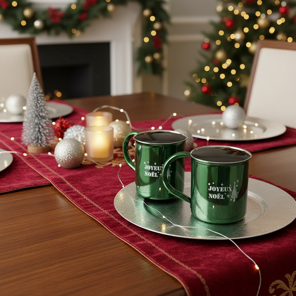 Christmas Stainless Steel Mug Joyeux Noel Set Of 2, Holiday Drinkware, Festive Tableware