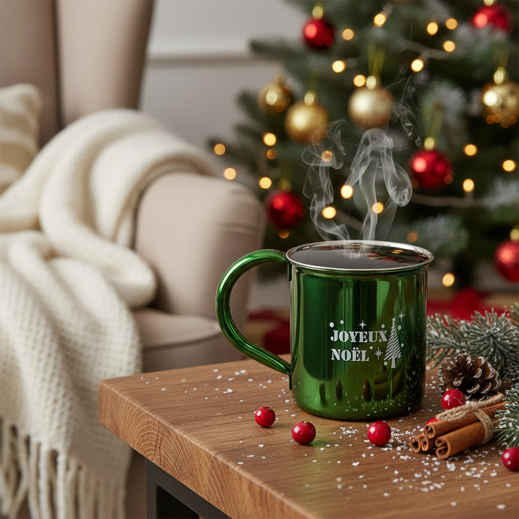 Christmas Stainless Steel Mug Joyeux Noel Set Of 2, Holiday Drinkware, Festive Tableware