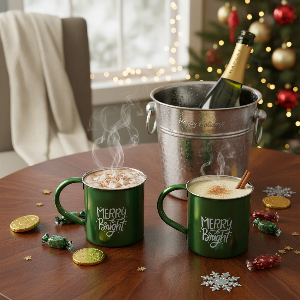 Christmas Stainless Steel Mug Merry & Bright Set Of 2, Holiday Drinkware, Festive Tableware