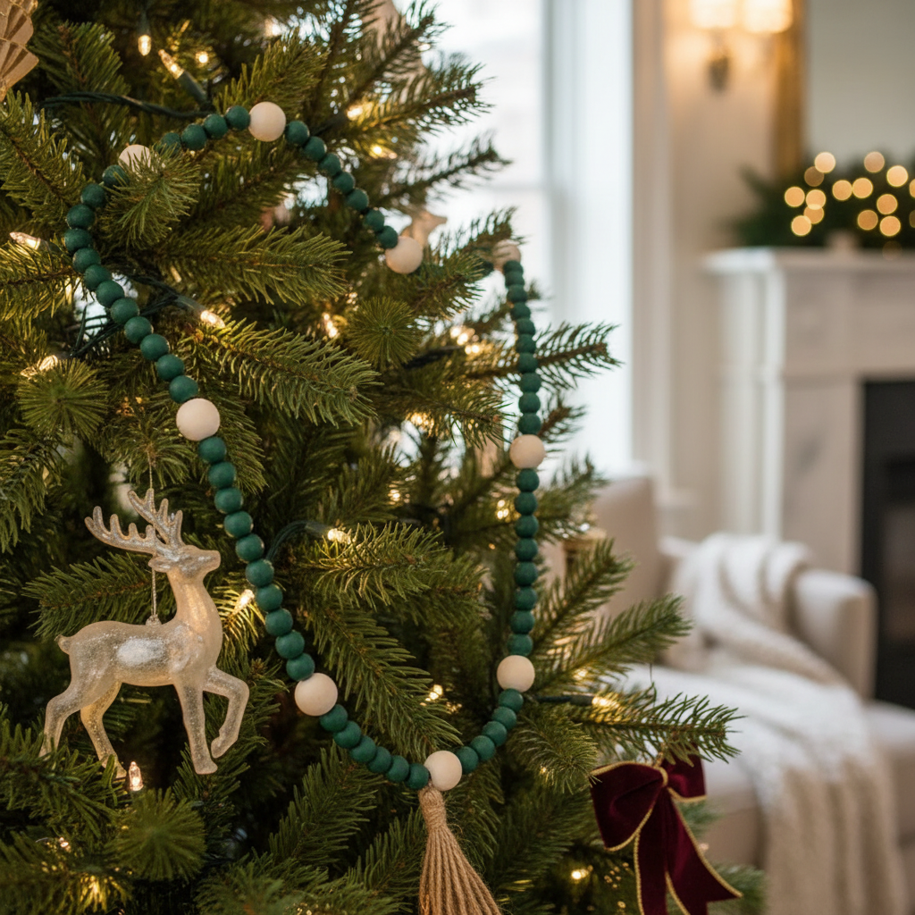 Dual Wood Bead Garland Green Christmas Tree Decorative Garland