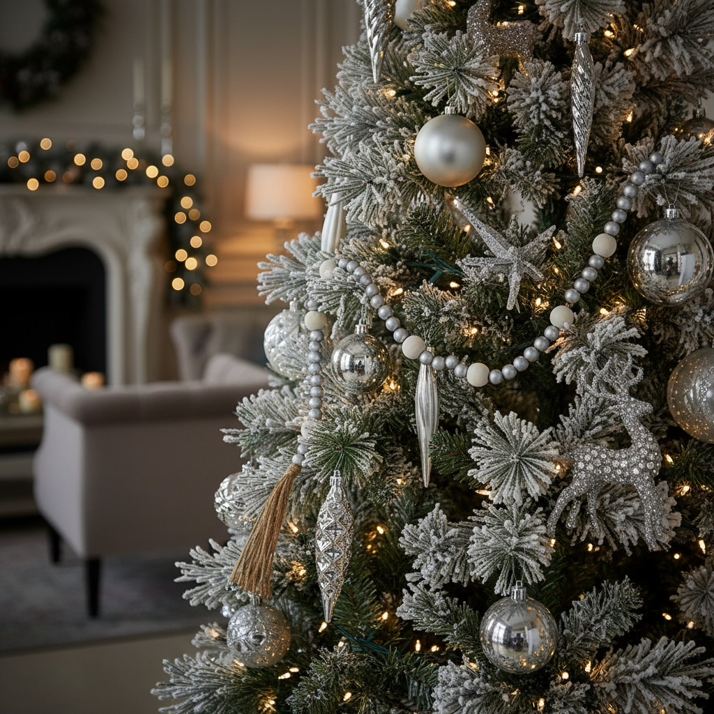 Dual Wood Bead Garland Silver Decorative Holiday Tree Garland