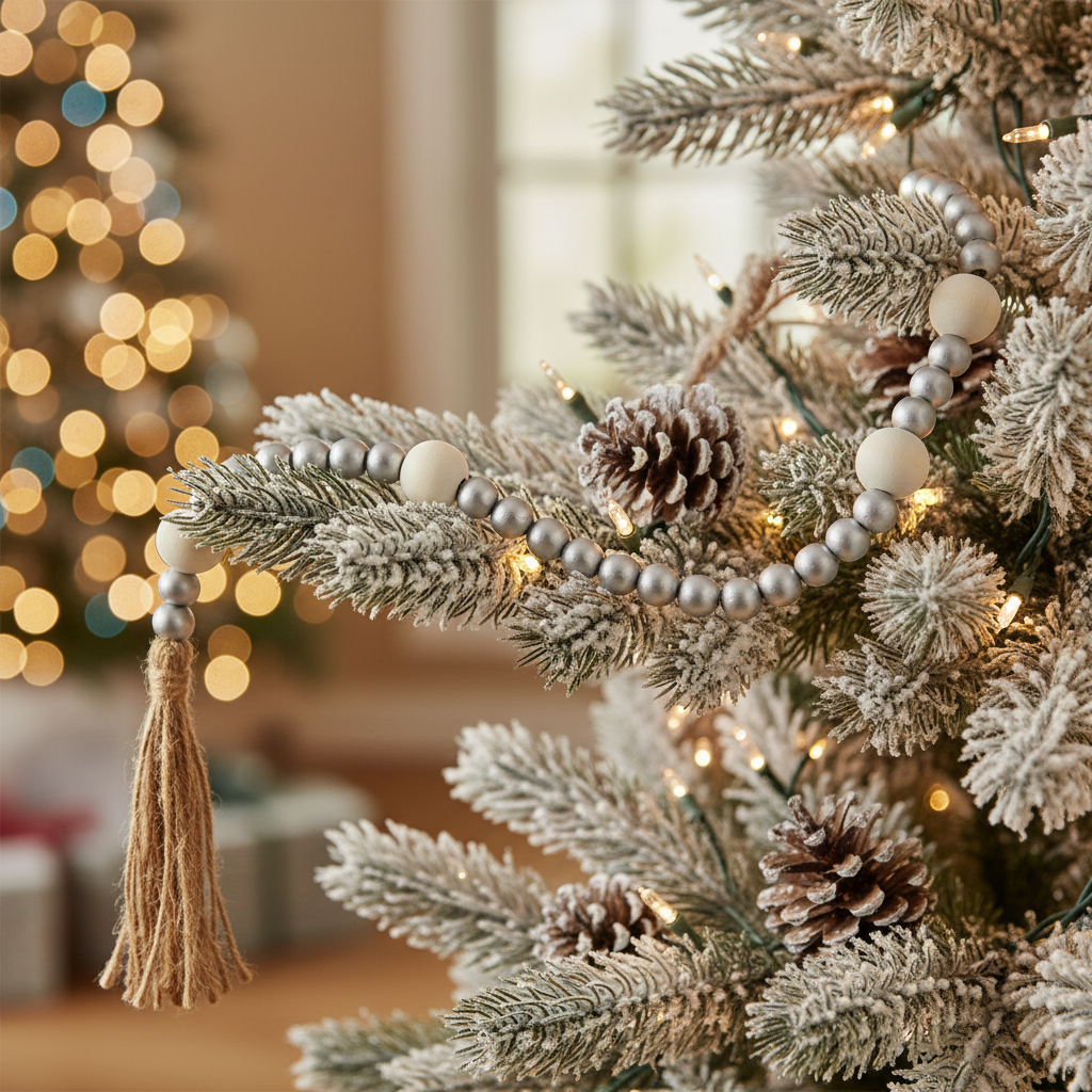 Dual Wood Bead Garland Silver Decorative Holiday Tree Garland