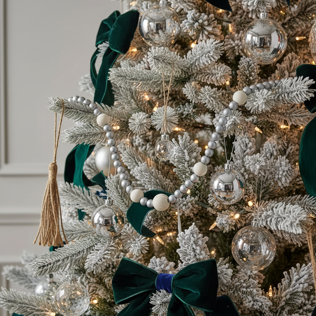 Dual Wood Bead Garland Silver Decorative Holiday Tree Garland