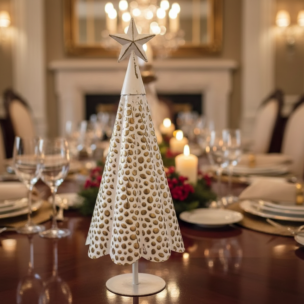 Filigree Gold & White Metal Christmas Tree – Holiday Table Decoration