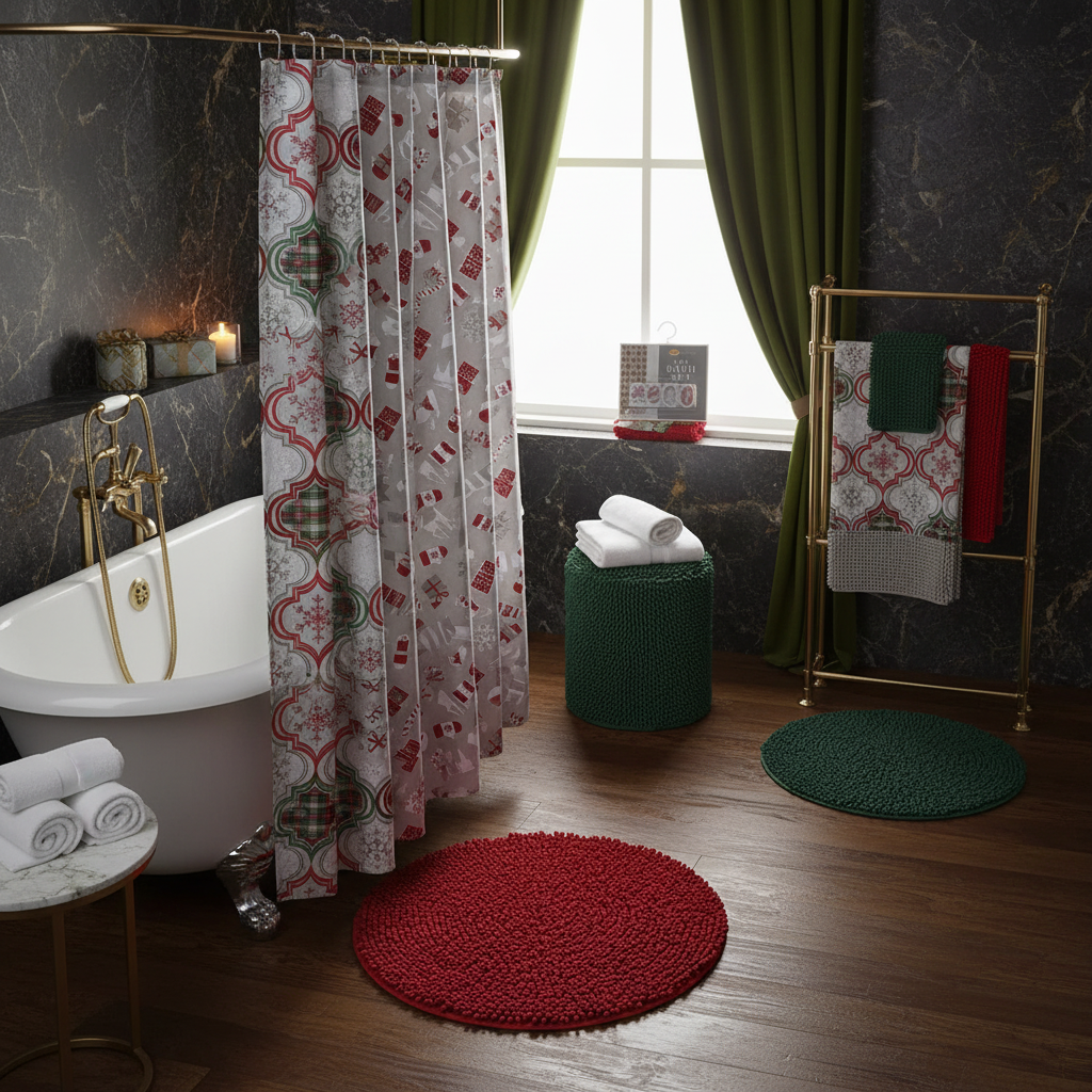 Holiday 14 Piece PEVA Shower Curtain Set With 12 Hooks and Bath Mat Assorted Designs