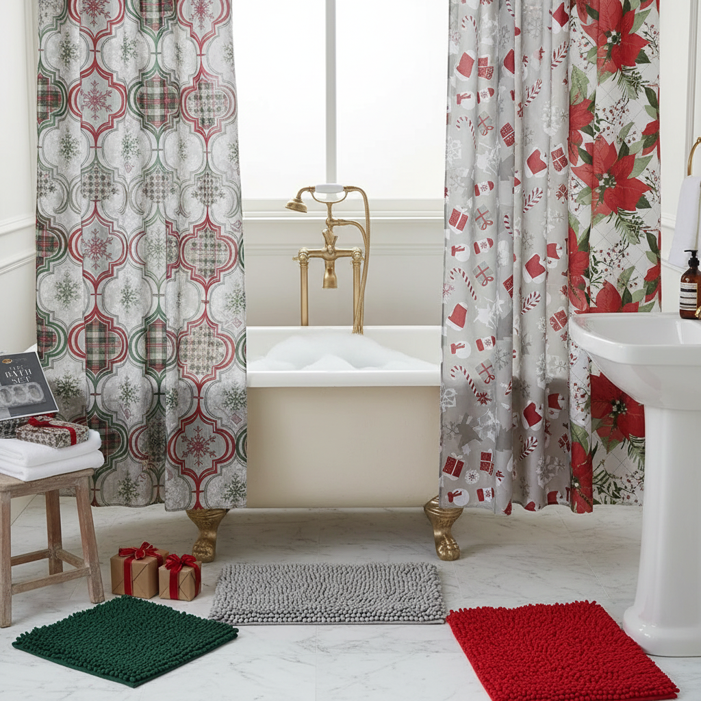 Holiday 14 Piece PEVA Shower Curtain Set With 12 Hooks and Bath Mat Assorted Designs