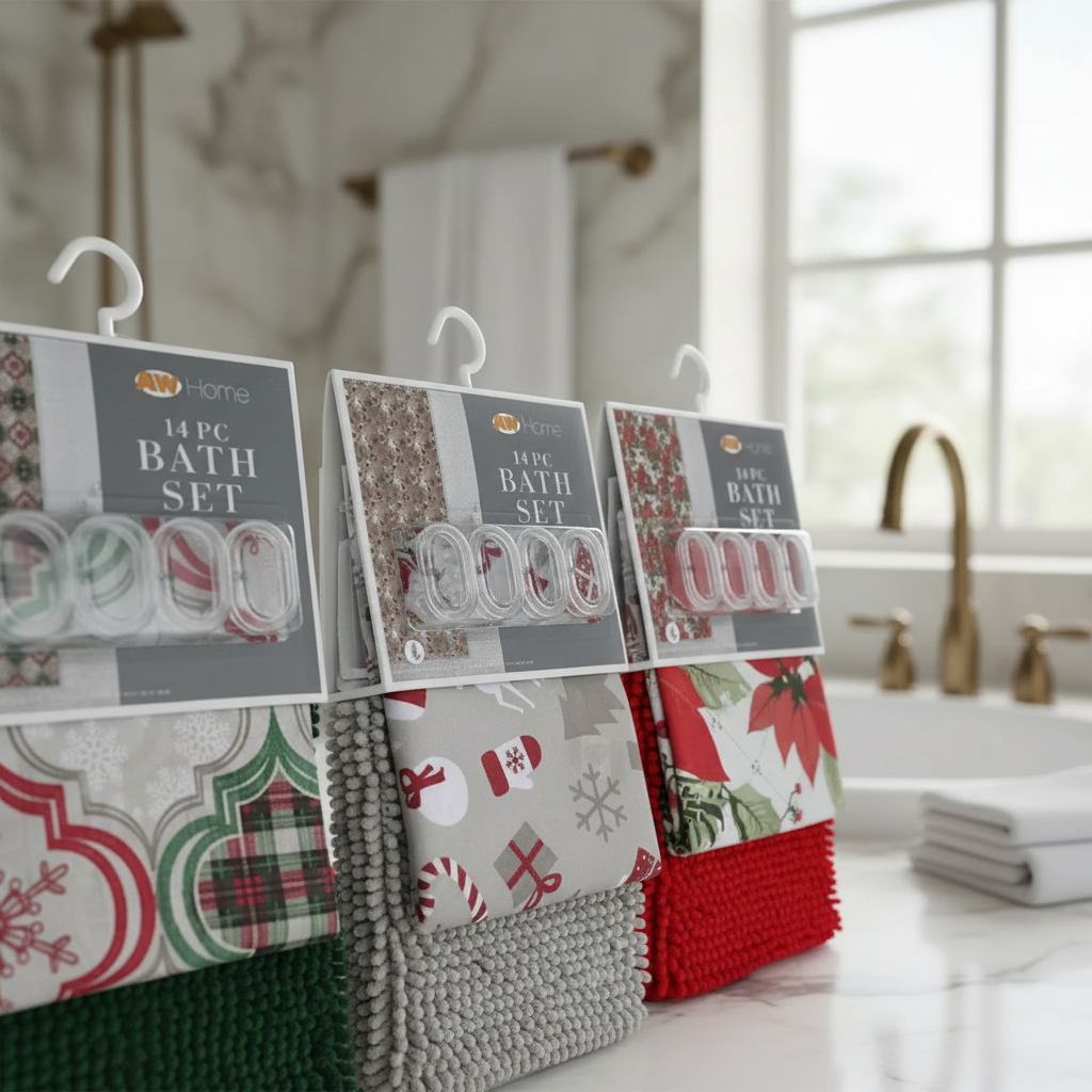 Holiday 14 Piece PEVA Shower Curtain Set With 12 Hooks and Bath Mat Assorted Designs