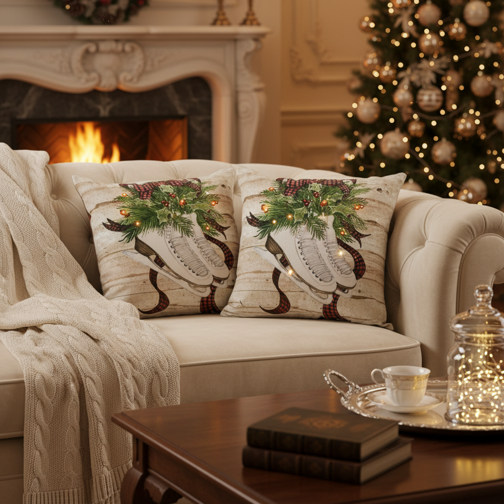 LED Velvet Cushion Pair Of Skates 18 X 18 Christmas Decorative Pillow - Set of 2