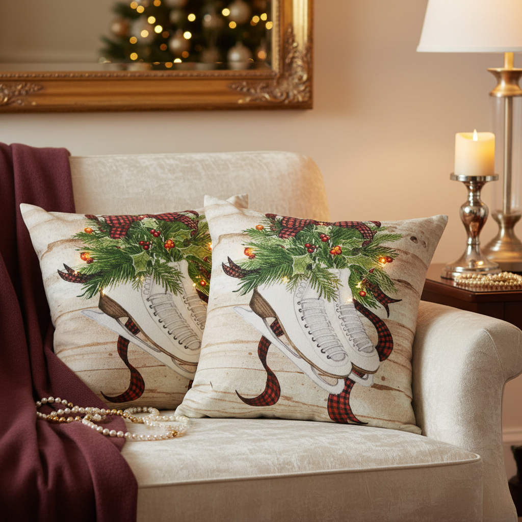 LED Velvet Cushion Pair Of Skates 18 X 18 Christmas Decorative Pillow - Set of 2