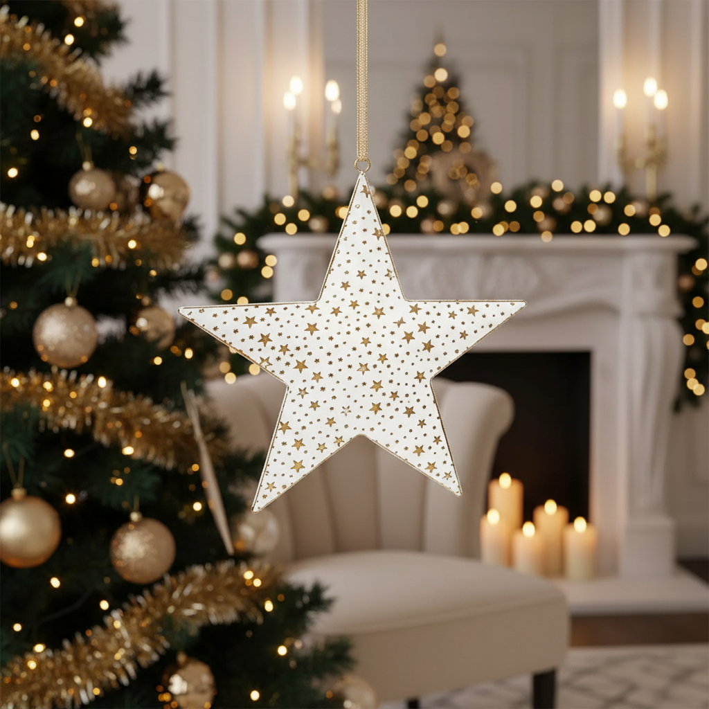 Medium White & Gold Star Christmas Ornament – Holiday Tree Decoration